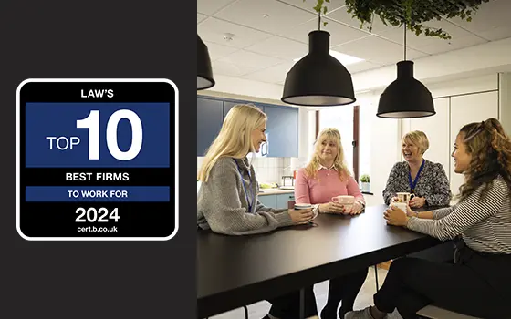 law's top 10 best firms to work for 2024 cert.b.co.uk logo alongside a group photo of happy members of staff in the brachers office