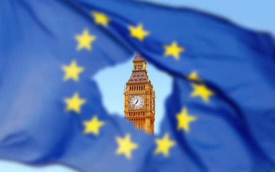 Brexit shown by Big Ben alongside the EU flag
