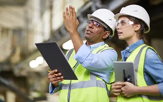 manufacturing workers wearing high vis and safety equipment holding clipboards